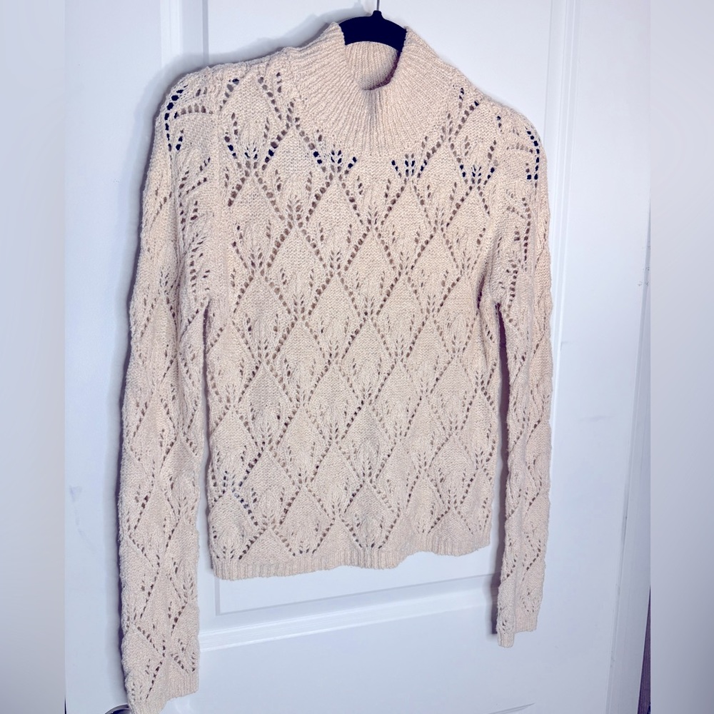 Mango Knit Crochet High Neck Cream Pullover